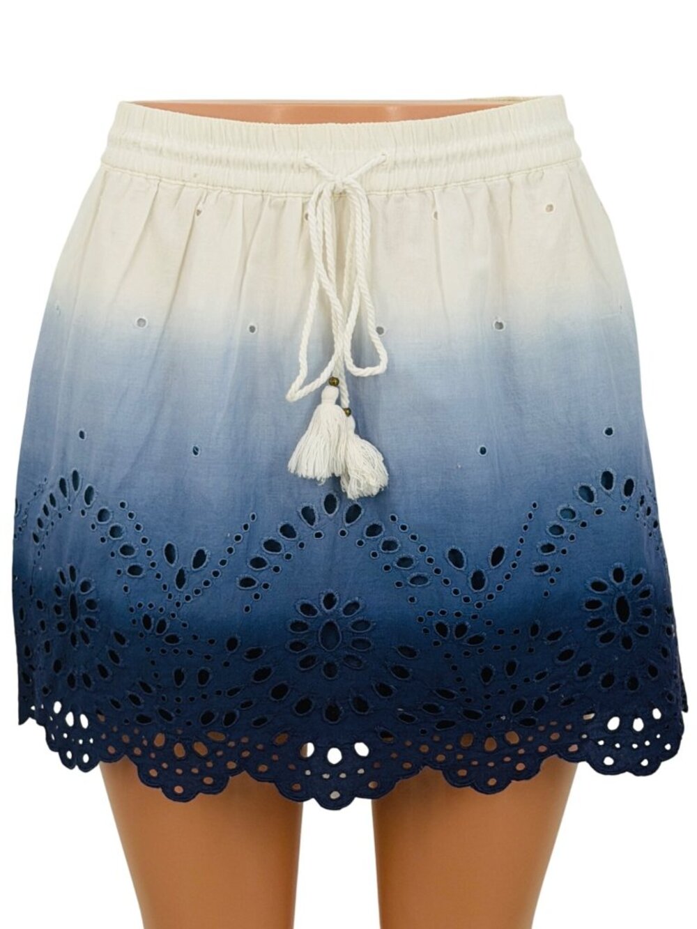 Express White Blue Ombre Eyelet Scalloped Tassel Mini Skirt | Coastal Boho 2K10s - Picture 2 of 16
